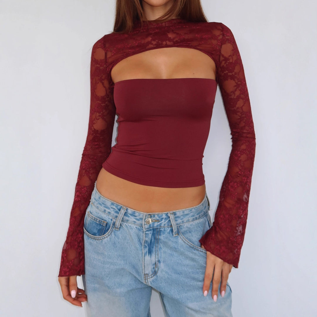 Damen Elegantes Oberteil mit transparenten Ärmeln und hochwertiger Spitze Echo Archiv