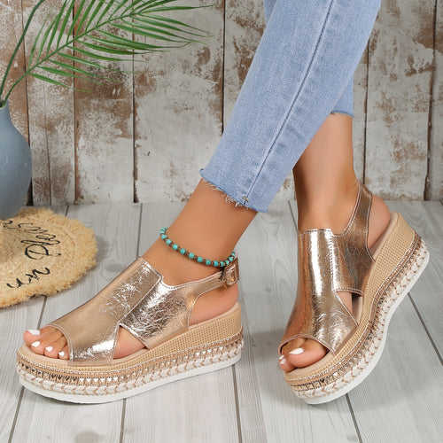 Damen nan Plateau-Sandalette aus geprägtem Kunstleder mit geflochtener Espadrille-Sohle und verstellbarem Fersenverschluss Echo Archiv