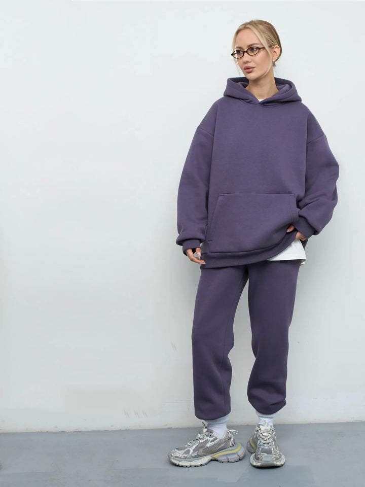 Damen lässiges Kapuzen-Sweatset aus schwerer Baumwollfleece mit Kängurutasche und gerader Jogginghose – Auréline