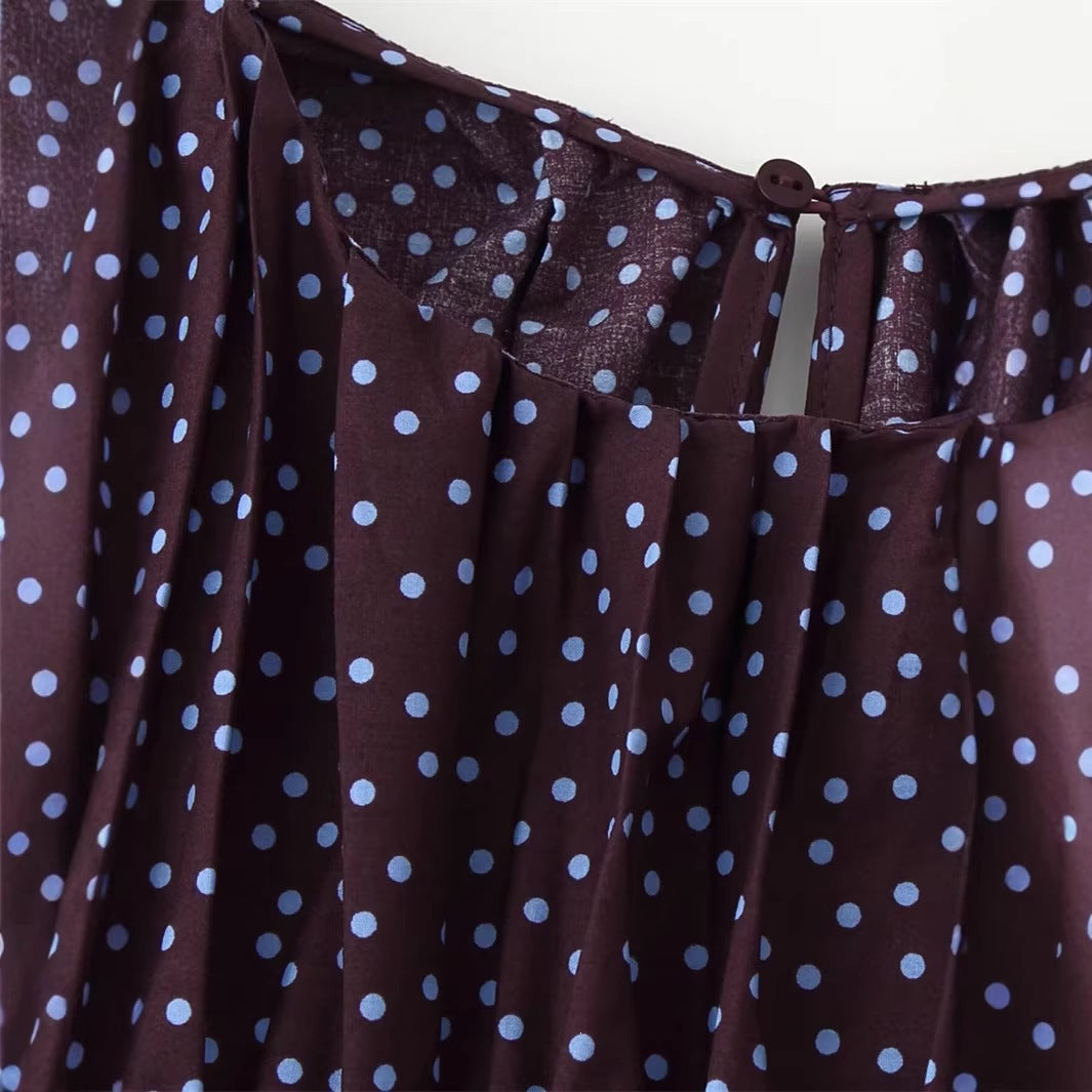 Damen gerafftes Polka‑Dot Oberteil mit elastischem Smock‑Korpus, Ballonärmeln und Volantsaum Echo Archiv