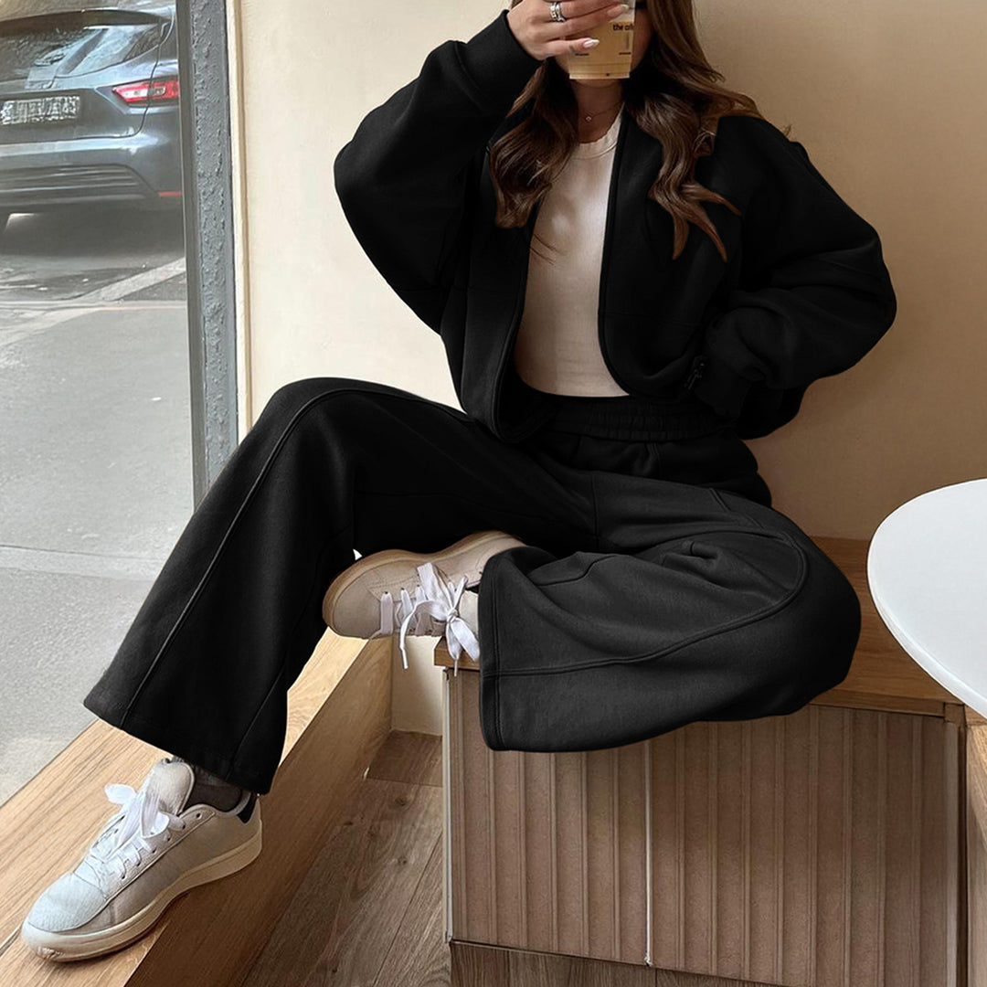 Damen Oversize-Zipjacke und hochgeschnittene Palazzohose aus weichem French-Terry – Auréline