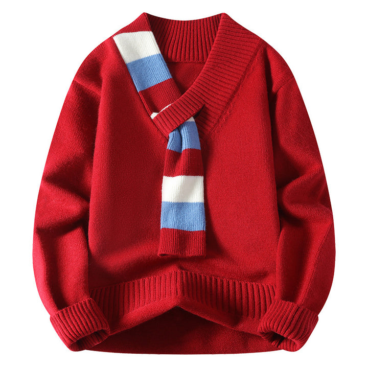 Herren V-Ausschnitt Strickpullover mit integriertem Kontraststreifen-Schal und gerippten Bündchen Echo Archiv