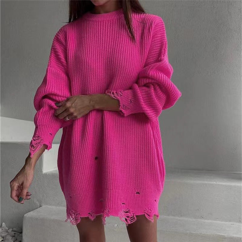 Damen Oversize Grobstrick-Minikleid mit Destroy-Effekt und Rundhalsausschnitt – Élara