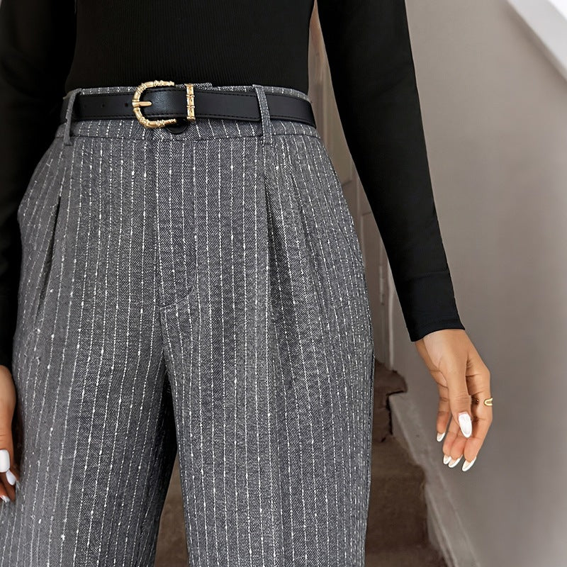 Damen Weite Nadelstreifen-Hose mit hoher Taille und weitem Bein Echoarchiv