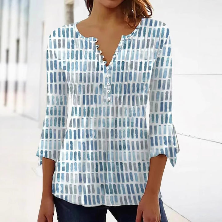 Damen nan luftig leichtes Aquarell-Print Blusenshirt mit Henley-Knopfleiste und dreiviertel Glockenärmeln Echo Archiv