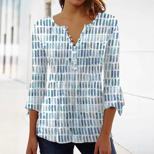Damen nan luftig leichtes Aquarell-Print Blusenshirt mit Henley-Knopfleiste und dreiviertel Glockenärmeln Echo Archiv