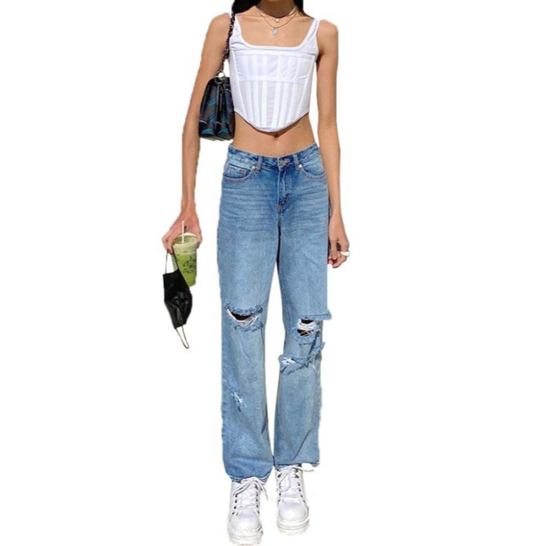 Damen nan hochgeschnittene weite Jeanshose im Baggy-Stil mit Knieausfransungen und elastischem Saum Echo Archiv