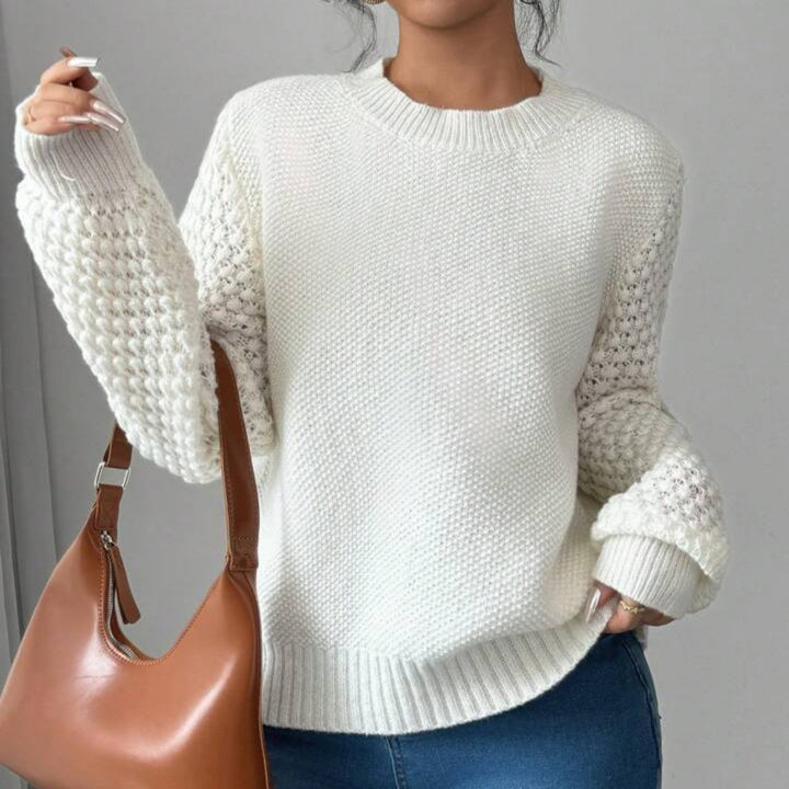 Damen Strukturiertes Grobstrick-Pullover mit Ajour-Ärmeln und geripptem Saum – Mavelle
