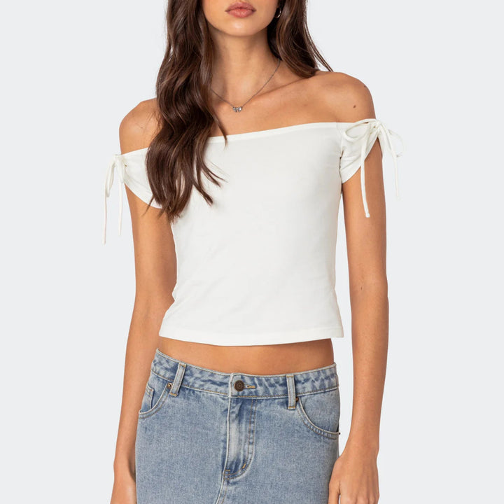 Damen raffiniertes Off-Shoulder T-Shirt mit eleganten Bindebändern Echo Archiv