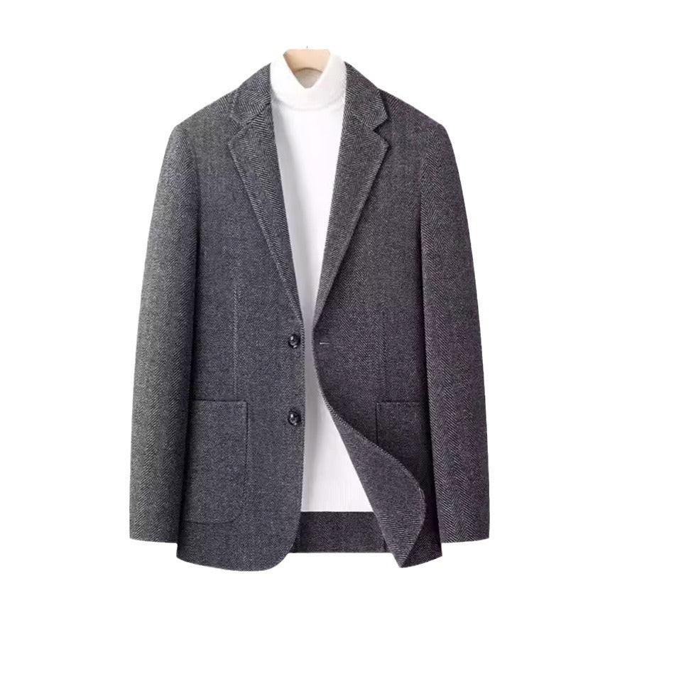 Herren Fischgrät-Wollblazer mit Reverskragen und aufgesetzten Taschen Echoarchiv