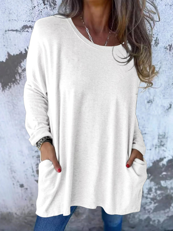 Damen Weiches Oversize Langarmshirt mit Rundhalsausschnitt, Lässigen Ärmeln und Seitentaschen – Avérine