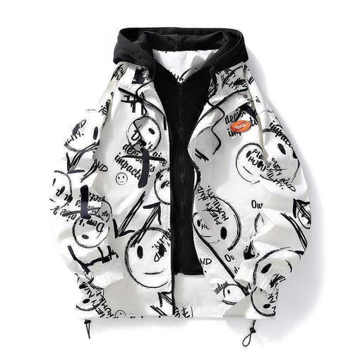Herren mehrlagige Übergangsjacke mit Kapuzen-Innenlayer und Smiley-Graffiti-Print Echoarchiv