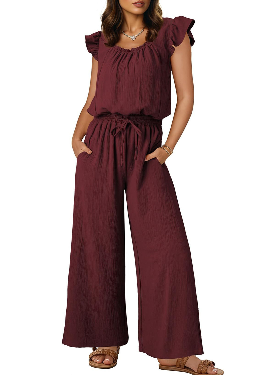 Damen Crinkle-Overall mit weitem Bein, elastischem Taillenbund und Rüschenärmeln – Solévia