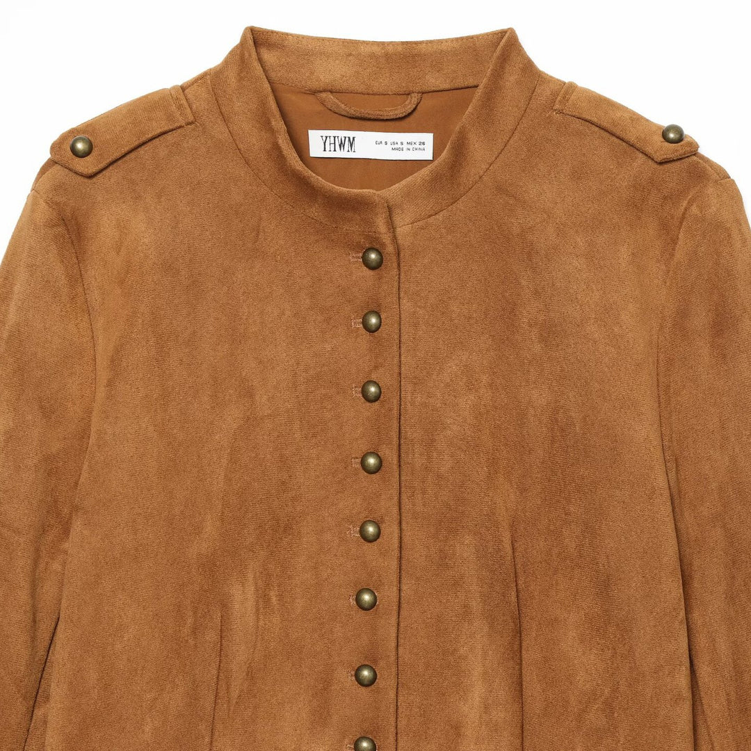 Damen Kurzjacke aus Veloursoptik im Military‑Stil mit Stehkragen und asymmetrischem Saum Echoarchiv