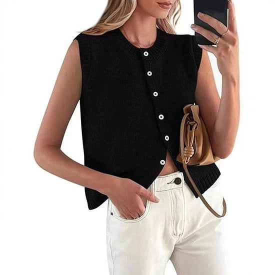 Damen lässige Strickweste mit Knopfleiste und Rundhalsausschnitt – Veloura