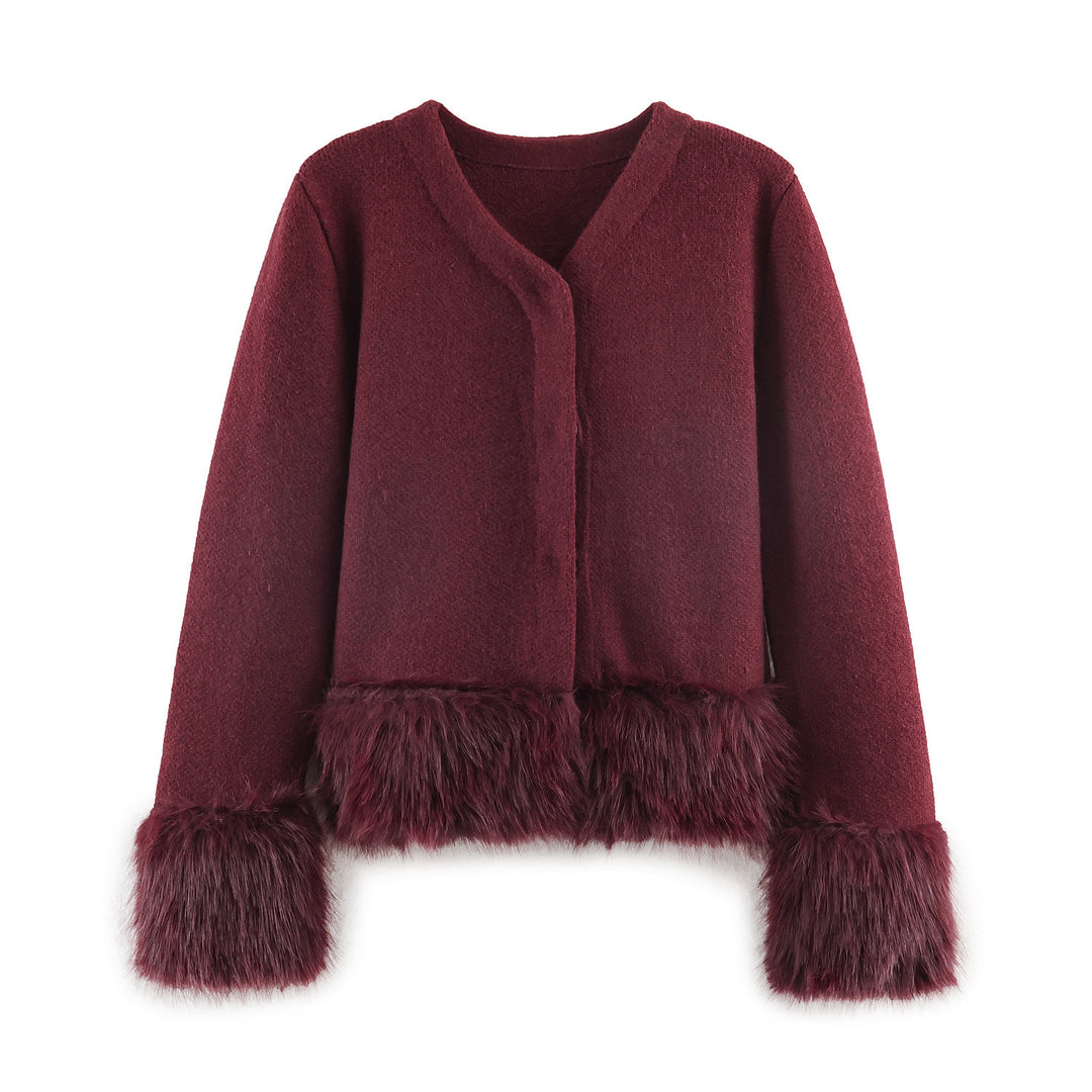Damen kurze Wolljacke mit flauschigem Kunstfellbesatz am Saum und Ärmeln – Célinea