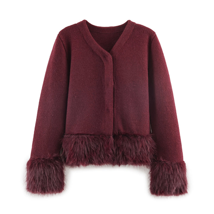 Damen kurze Wolljacke mit flauschigem Kunstfellbesatz am Saum und Ärmeln – Célinea