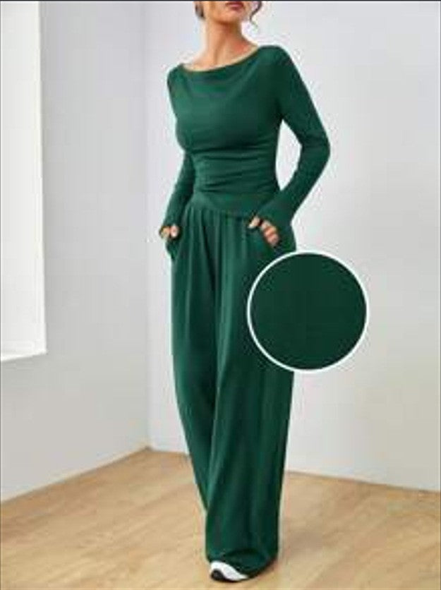 Damen Lässiges Two‑Piece Lounge‑Set mit U‑Boot‑Ausschnitt, taillierter Drapierung und weitem Palazzohose Echo Archiv