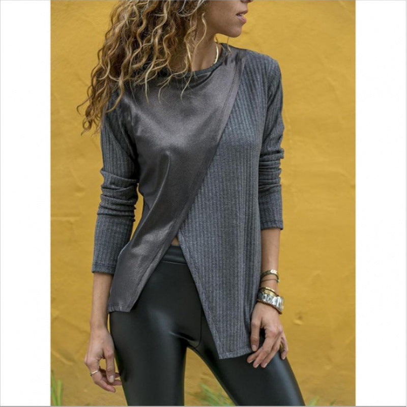 Damen Asymmetrisches Longsleeve mit Lederoptik‑Overlay und Rippstrick – Avérine