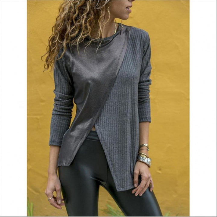 Damen Asymmetrisches Longsleeve mit Lederoptik‑Overlay und Rippstrick – Avérine