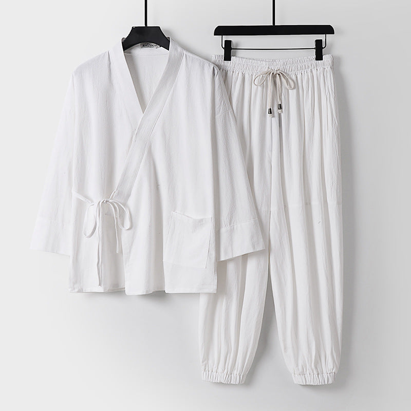 Unisex Entspanntes Kimono-Set mit Wickeljacke, dreiviertelärmeln und elastischer Kordelharemshose Echoarchiv
