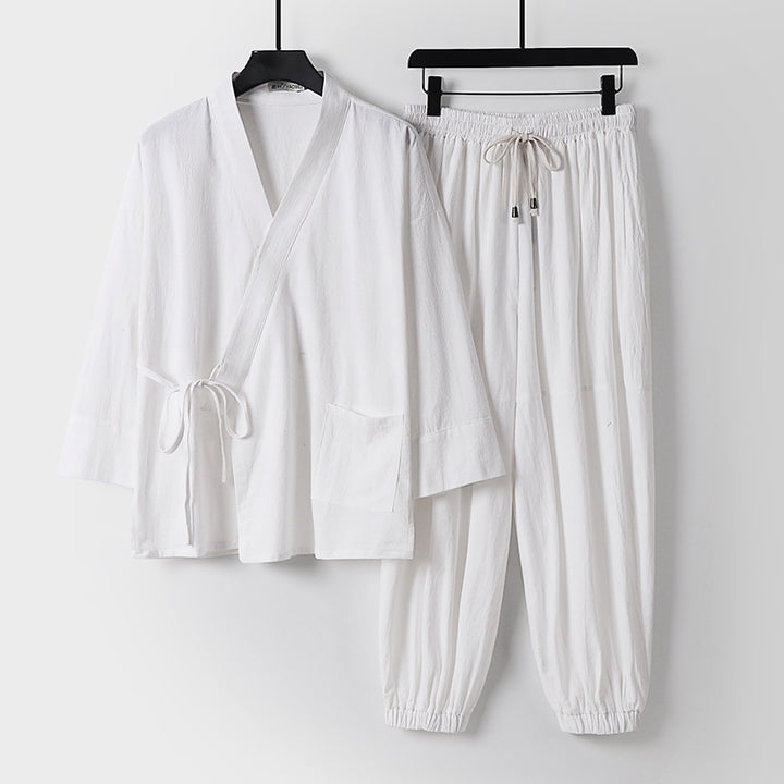 Unisex Entspanntes Kimono-Set mit Wickeljacke, dreiviertelärmeln und elastischer Kordelharemshose Echoarchiv