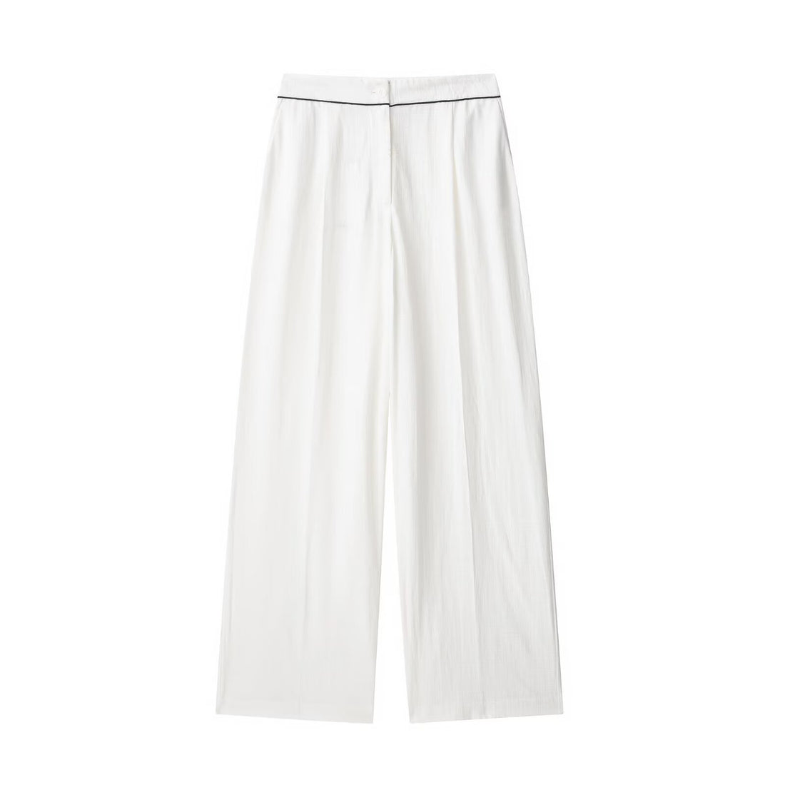 Damen Weite Plisseehose mit hohem Bund, verdeckter Knopfleiste und Kontrastpaspel Echoarchiv
