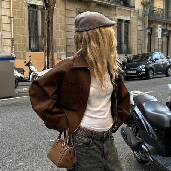 Damen Kurze Veloursleder‑Optik Jacke mit Reißverschluss und Oversize‑Ärmeln Echoarchiv