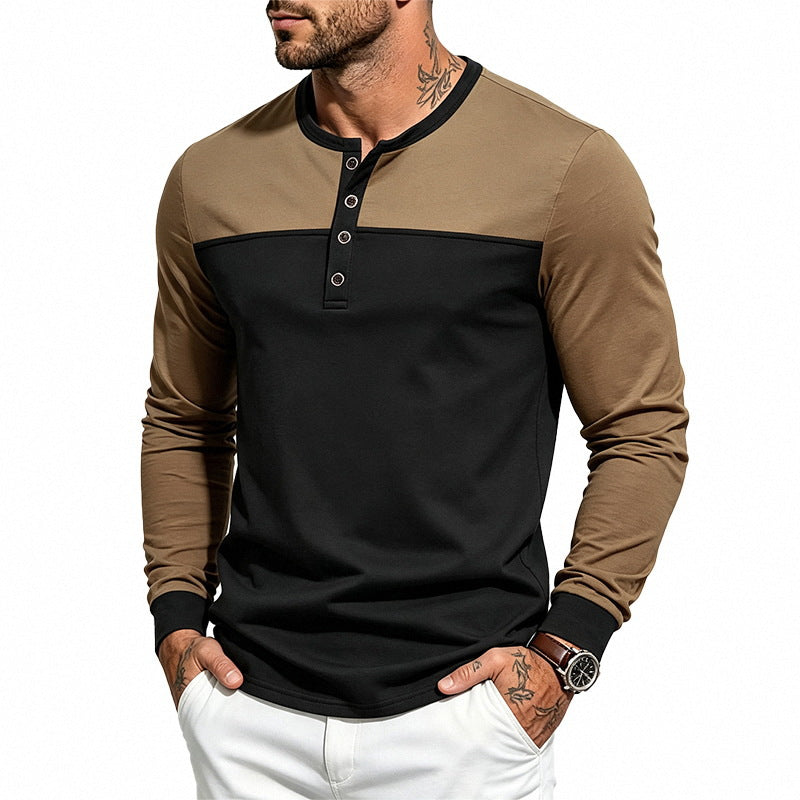 Herren Slim-Fit Henley-Langarmshirt mit Kontrastpaneel und Metallknopfleiste – Arvello