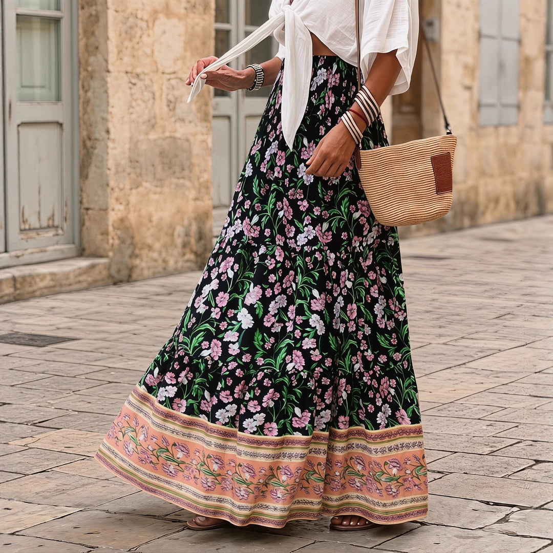 Damen nan gestufter Maxirock mit floralem Print, elastischem Smockbund und Volantkanten Echo Archiv