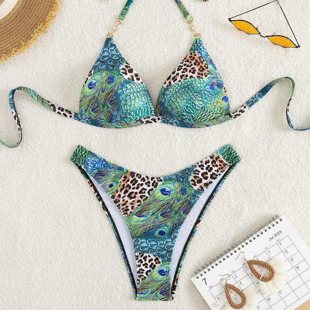 Damen Triangel-Bikini mit lebendigem Tier- und Pfauenmotiv Echo Archiv
