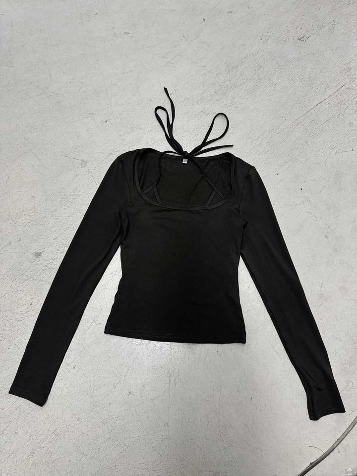 Damen nan figurbetontes Langarm-Top mit Neckholder-Bindung und eckigem Ausschnitt Echo Archiv