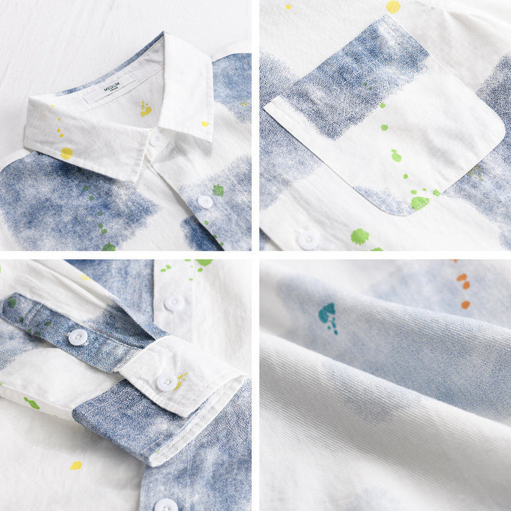 Herren Leichtes Baumwollhemd Relaxed‑Fit mit künstlerischem Sprenkel‑ und Aquarellpatch-Print Echoarchiv