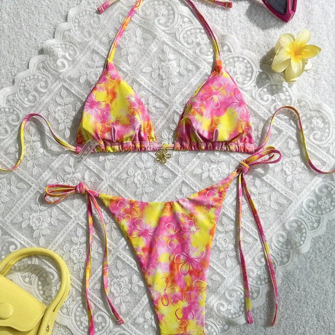 Damen Triangel-Bikini mit verstellbaren Bändern und buntem Blumenmuster Echo Archiv