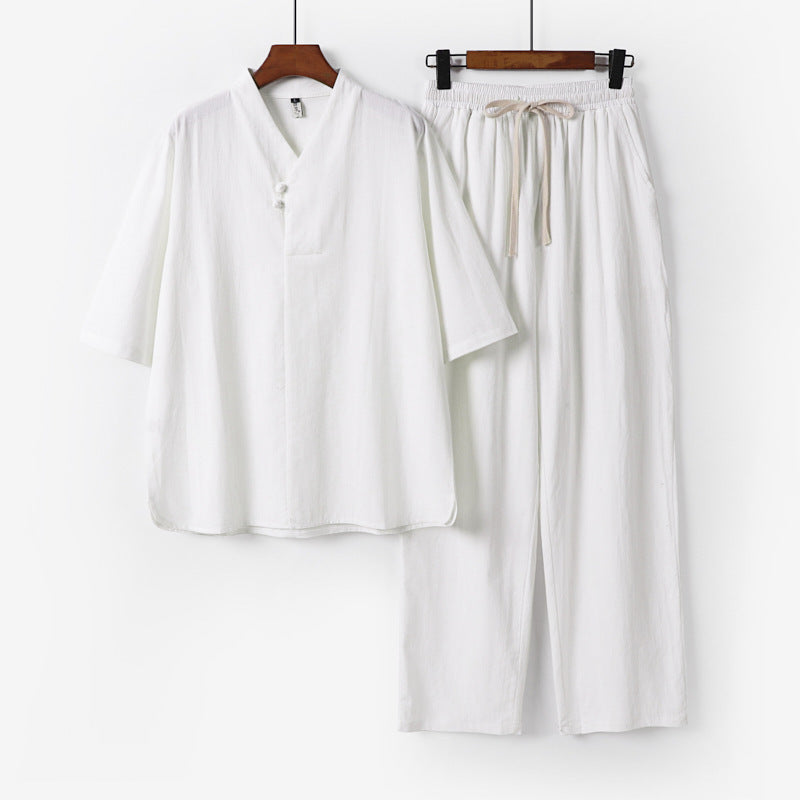 Herren Zweiteiliges Leichtes Loungewear-Set mit Stehkragen-Halbarmshirt und Kordelbund-Hose Echoarchiv