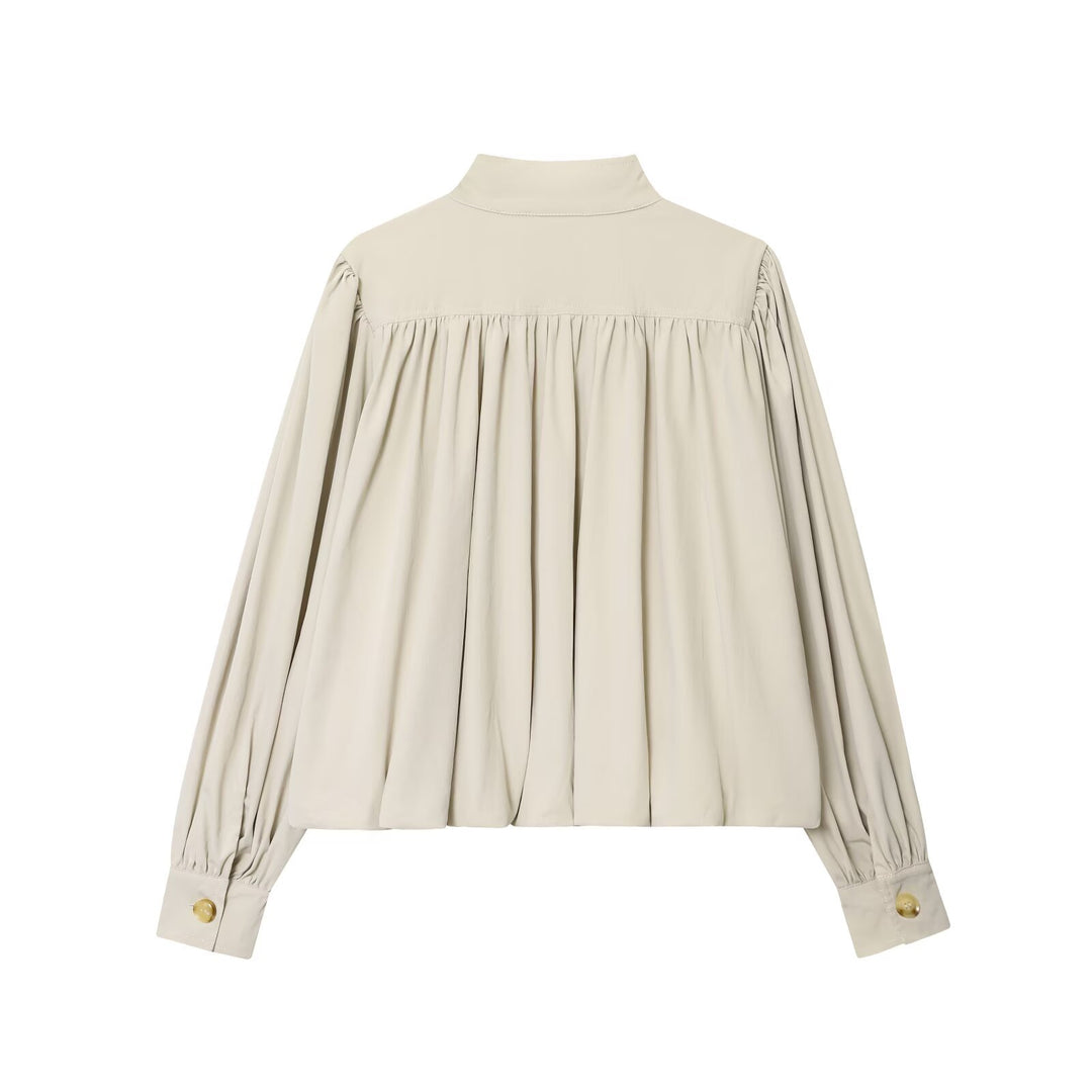 Damen Voluminöse Cropped-Bluse mit Stehkragen, Raffungen und elastischem Saum Echo Archiv