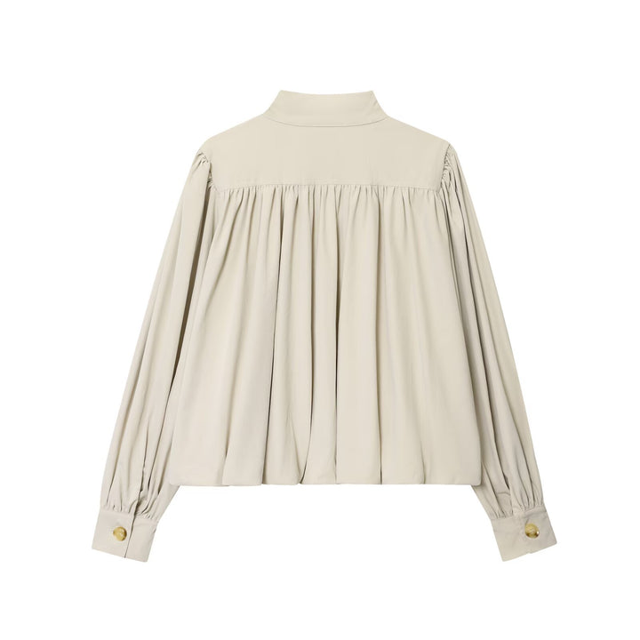 Damen Voluminöse Cropped-Bluse mit Stehkragen, Raffungen und elastischem Saum Echo Archiv
