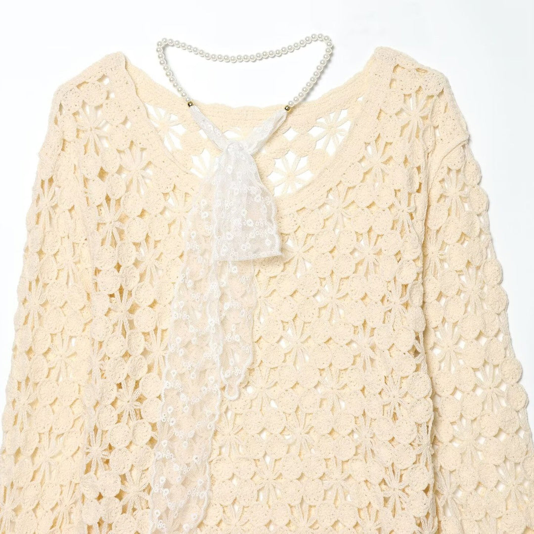 Damen gehäkelter Floralpullover mit Rundhalsausschnitt und Ajourmuster Echo Archiv
