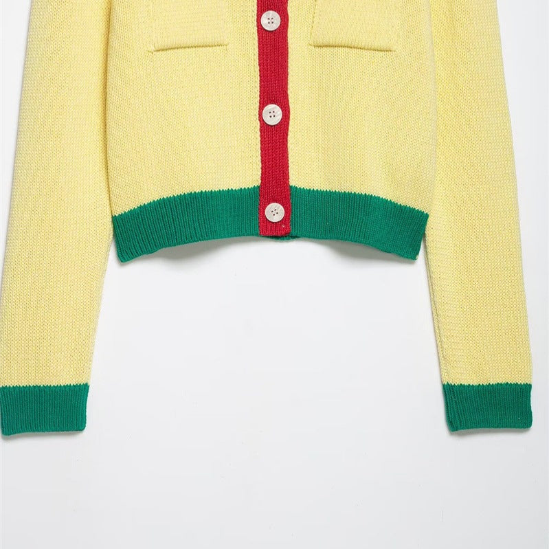 Damen Kurzer Grobstrick-Cardigan mit Kontrastblenden und Zierklappentaschen Echo Archiv