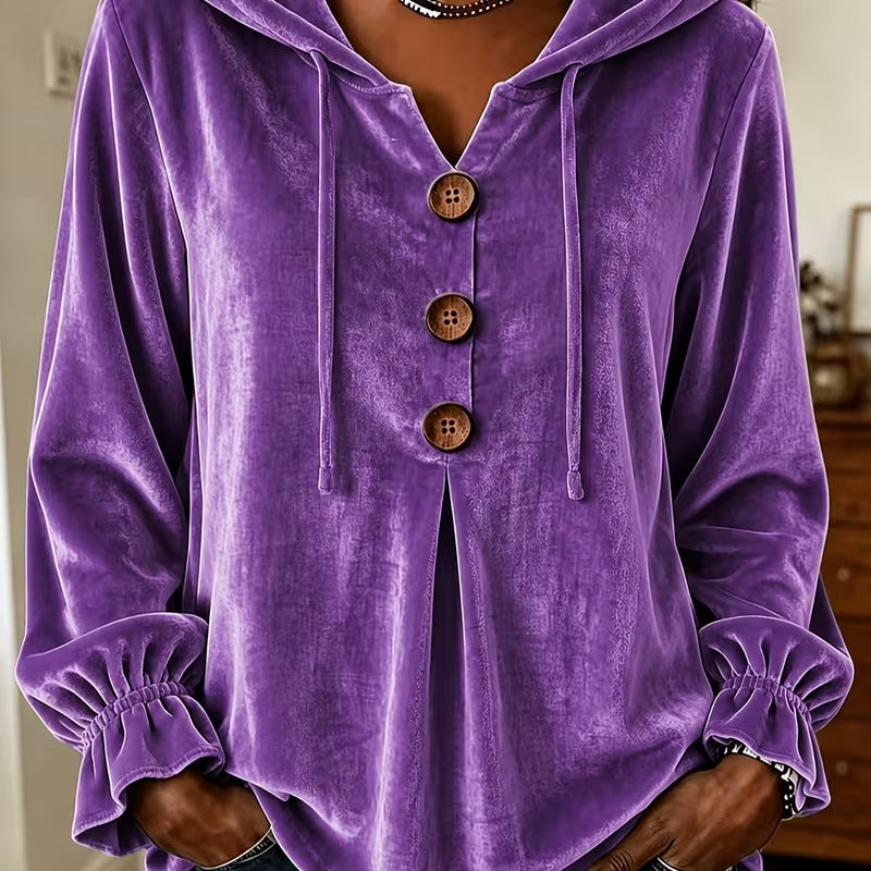 Damen Samt-Hoodie mit Holzknopfblende, Tunnelzug und gerafften Ärmeln – Auréline