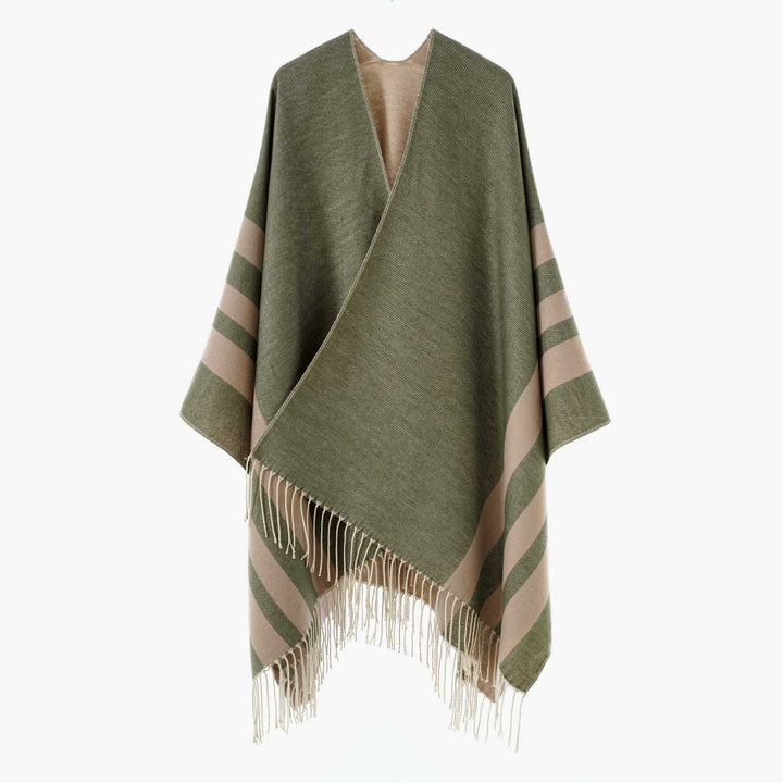 Damen Wendbarer Strickcape-Poncho mit Fransen und kontrastierenden Streifen – Avérine