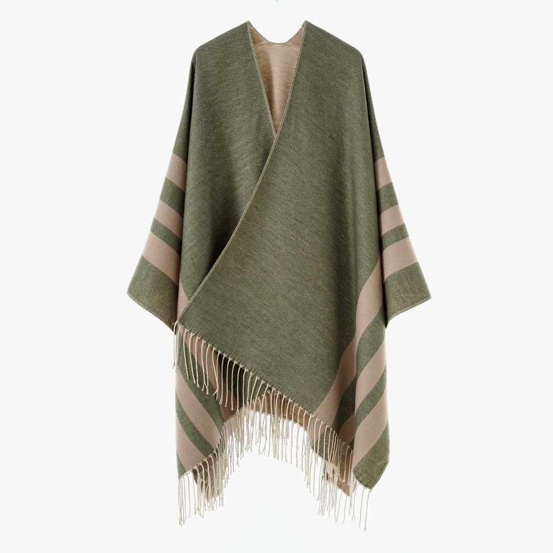 Damen Großer Wollmix Fransenponcho mit diagonalen Kontraststreifen – Célinea