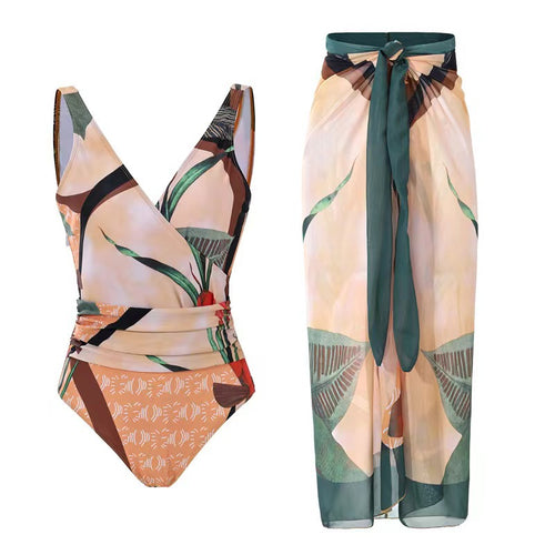 Damen Eleganter Wickel-Badeanzug mit floralen Designs und passendem Überrock Echo Archiv