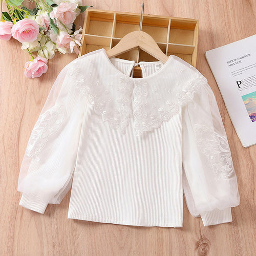 Mädchen Bluse mit luftigen Tüllärmeln und zarter Blumenbestickung Echo Archiv