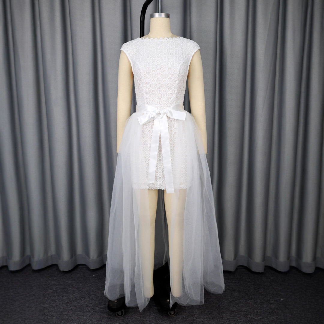 Damen Midi-Brautkleid mit verziertem Oberteil und transparentem Tüll Überrock Echo Archiv