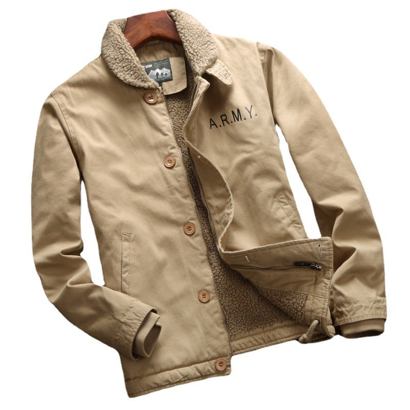 Herren Vintage-inspirierter Canvas-Fliegerblouson mit voluminösem Sherpa-Futter, zweifacher Frontöffnung und verstärkten Taschen Echoarchiv