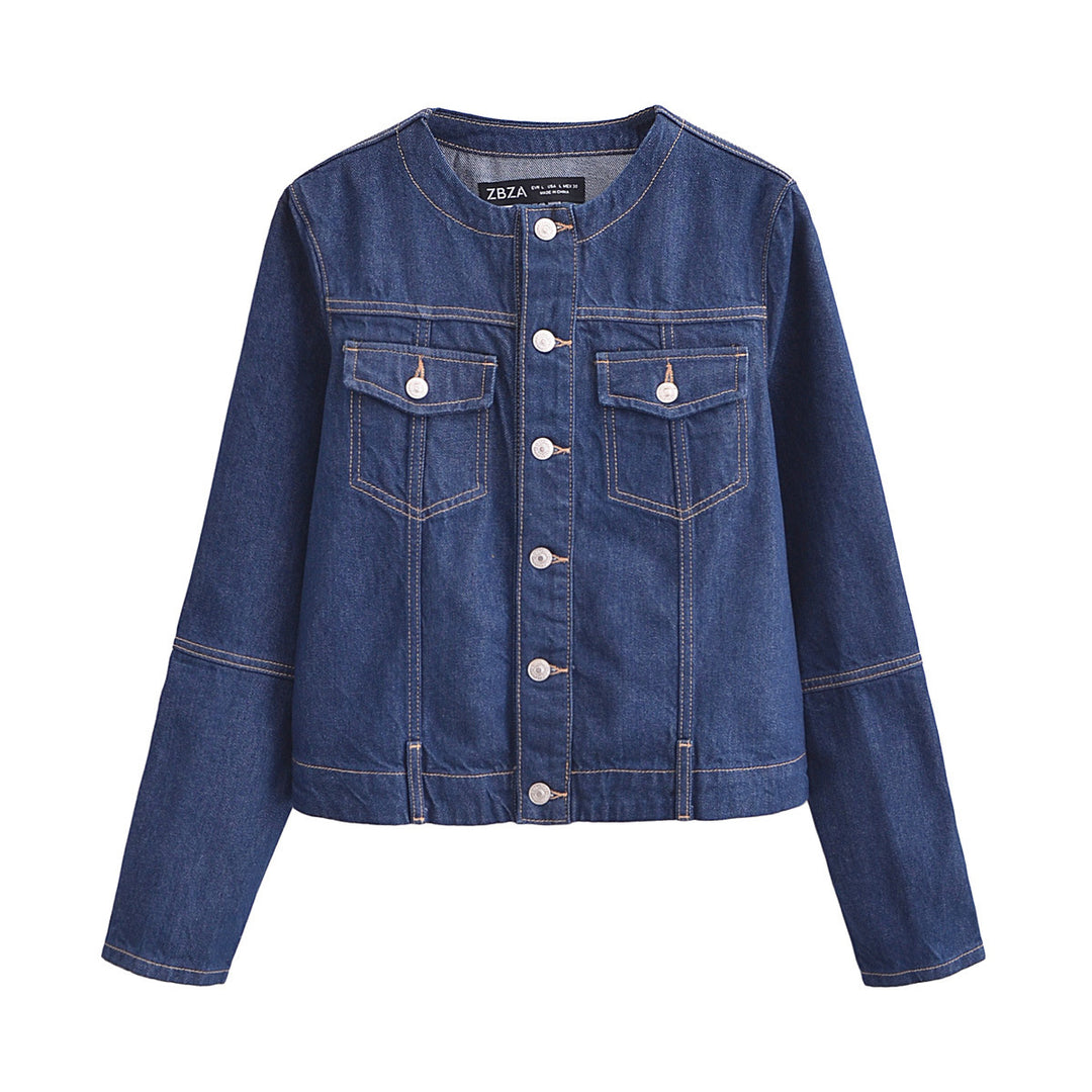 Damen leichte Jeansjacke mit Rundhalsausschnitt, durchgehender Knopfleiste und aufgesetzten Brusttaschen – Denévia