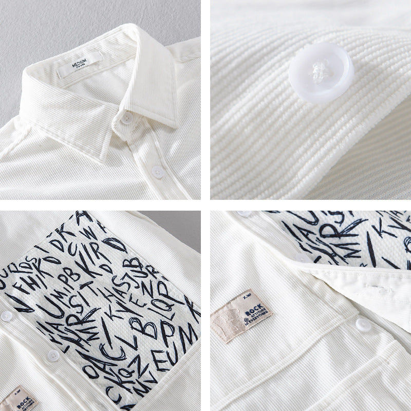 Herren Leichtes Cord-Hemdjacken-Overshirt mit Letterprint-Brusttasche und Relaxed Fit Echoarchiv