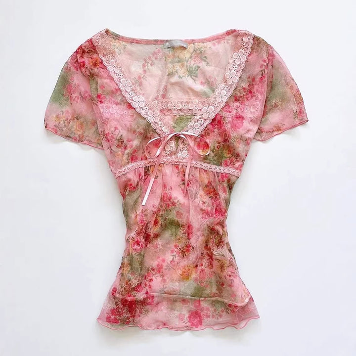 Damen florales Chiffon-Oberteil mit Spitzenakzenten Echo Archiv