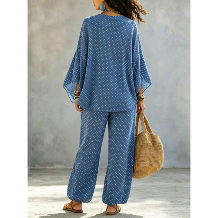 Damen Boho-Lounge-Set mit weitem V-Ausschnitt, Fledermausärmeln und elastischer Bund-Palazzohose Echoarchiv